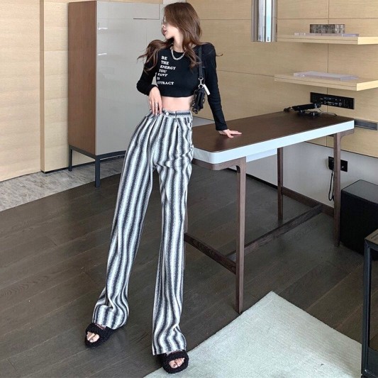 高腰直筒拼色收腰垂感长裤